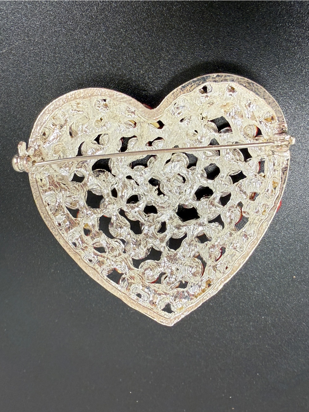 Red Rhinestone Heart Brooch Silver Tone Statement Pin - Picture 3 of 3